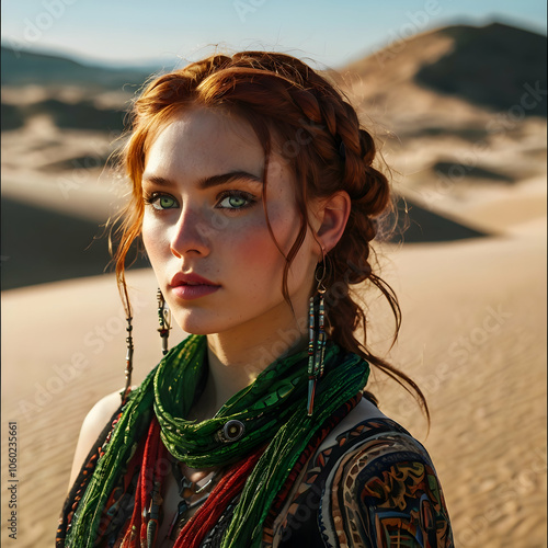 In anime style, a medium shot of a woman with giant, vibrant green eyes detailed with red and black accents. Her deep auburn braids are decorated with shining beads, and her olive skin bears bold trib
