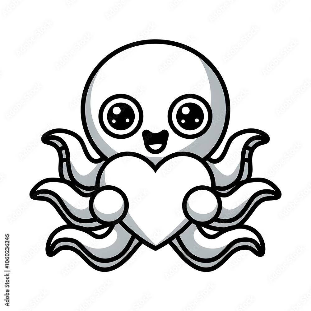 Fototapeta premium simple line and plain illustration of a white cute octopus squid 