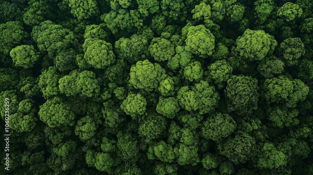 Aerial view of lush, dense green forest with thick tree canopy forming a textured landscape pattern resembling broccoli florets from above. Aerial view of lush, dense green forest with thick tree canopy forming a textured landscape pattern resembling broccoli florets from above.