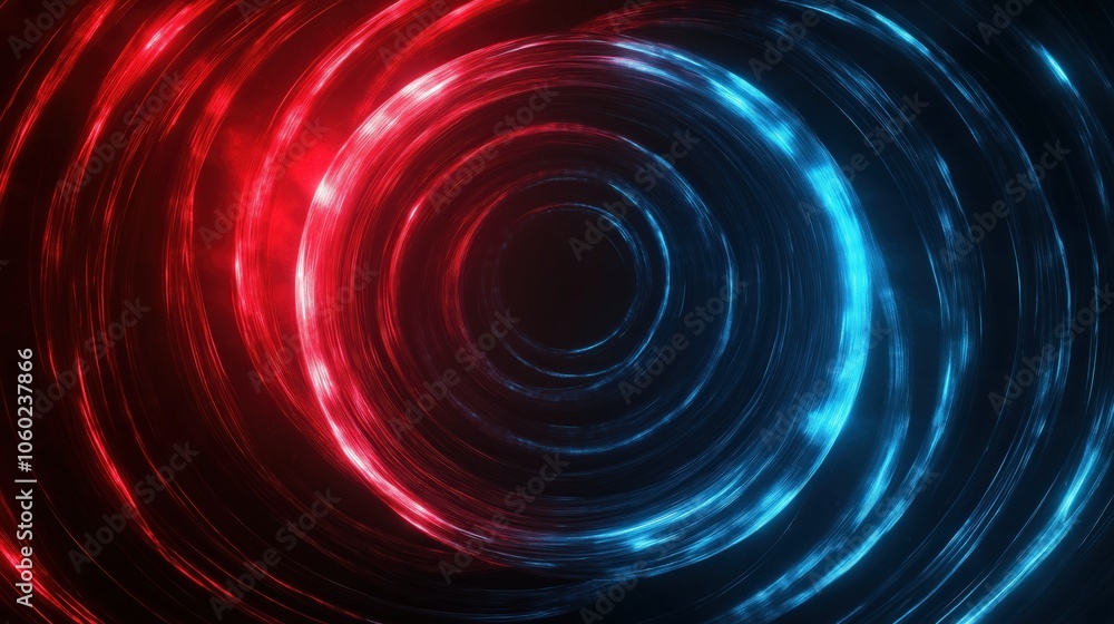 Glowing red and blue spiral orbiting in a circular pattern on a dark background Glowing red and blue spiral orbiting in a circular pattern on a dark background