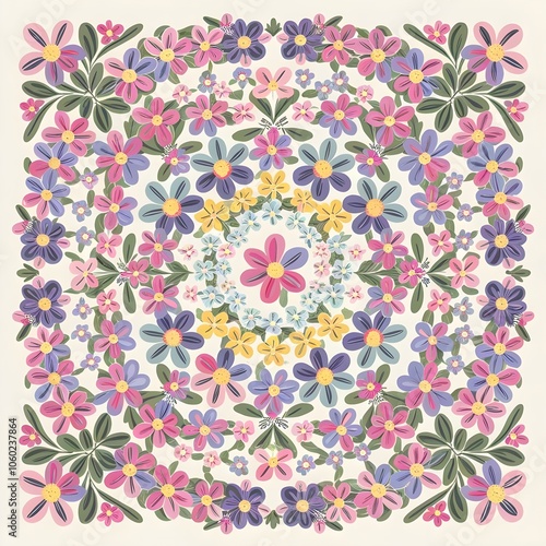 Illustration of a circular floral pattern in various colors.