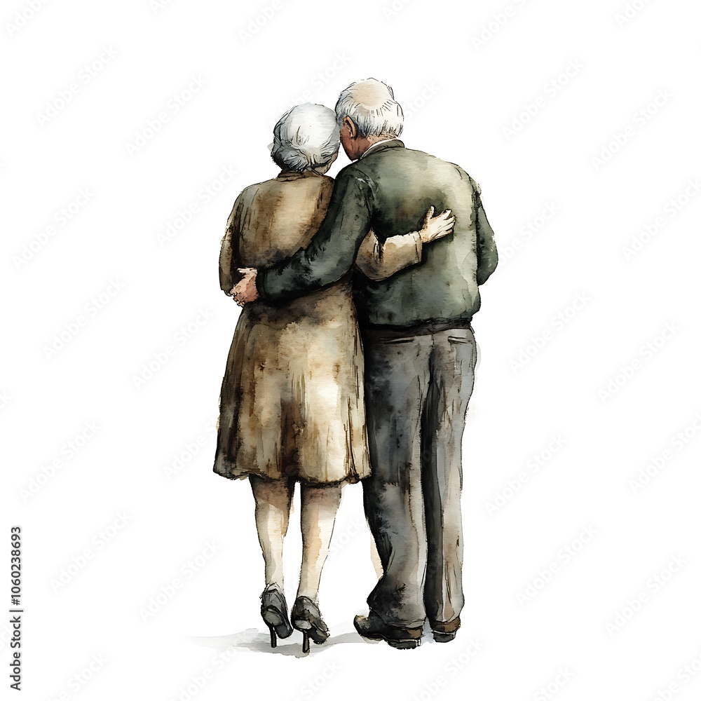Elderly Couple Embracing, Watercolor Illustration. Elderly Couple Embracing, Watercolor Illustration.