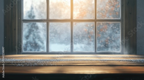 Empty wooden table in front of a large frosty window, showcasing a winter landscape outside