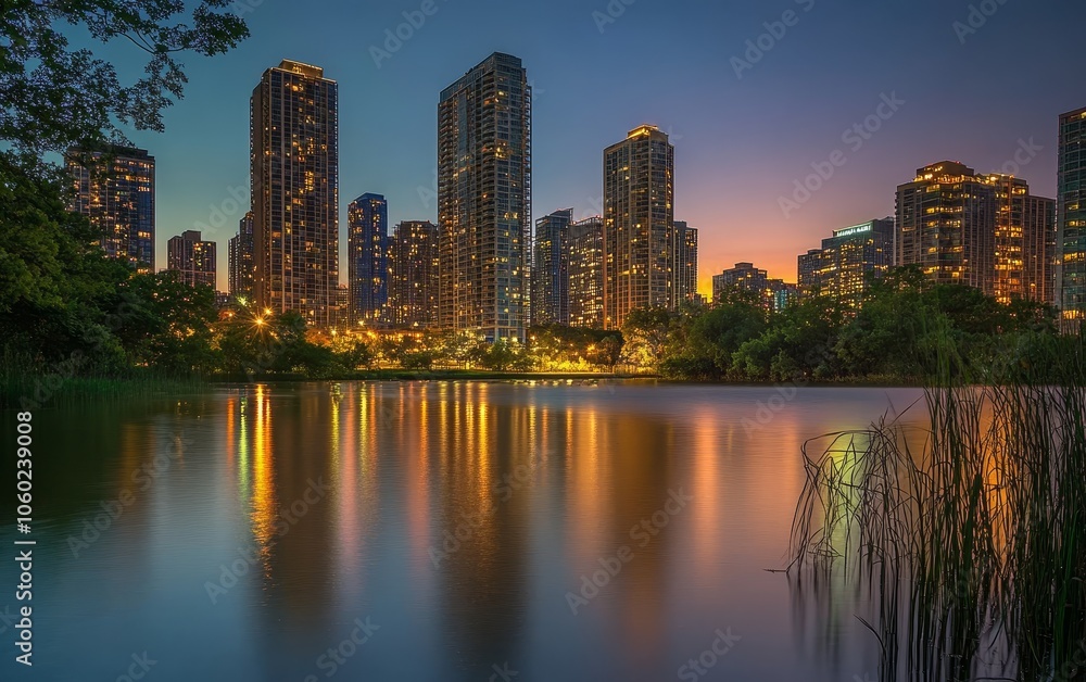 A serene cityscape reflecting on water at twilight, showcasing urban lights and nature. A serene cityscape reflecting on water at twilight, showcasing urban lights and nature.