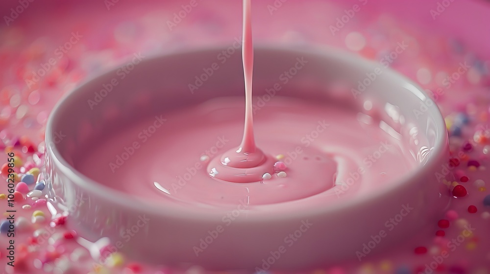 Delicious pink icing sauce dripping with a rainbow of colorful sprinkles for a sweet treat Delicious pink icing sauce dripping with a rainbow of colorful sprinkles for a sweet treat