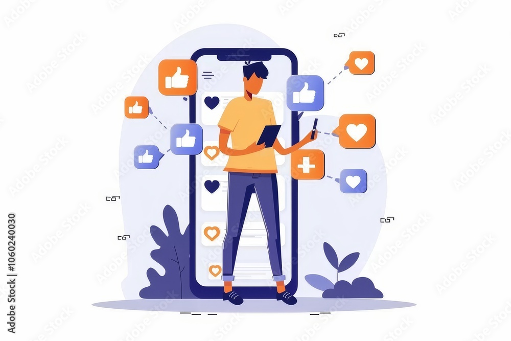 Social media and digital online communication concept, man using smartphone with like icons on social media. Banner background. smartphone, social media icons, likes and hearts, digital Social media and digital online communication concept, man using smartphone with like icons on social media. Banner background. smartphone, social media icons, likes and hearts, digital