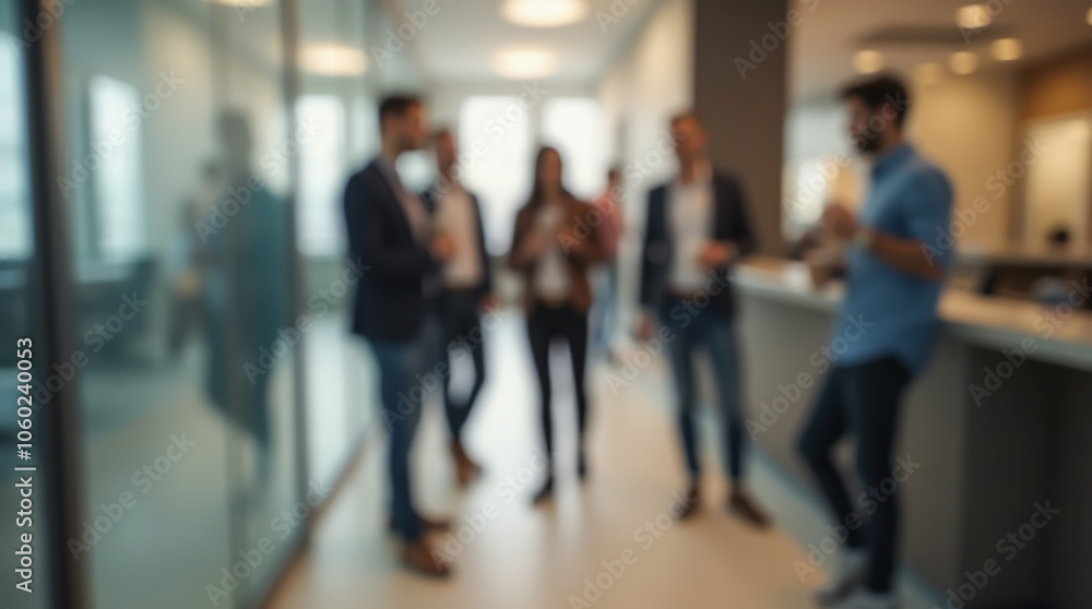 Office employees on a break, chatting in the hallway with coffee cups in their hands Office employees on a break, chatting in the hallway with coffee cups in their hands