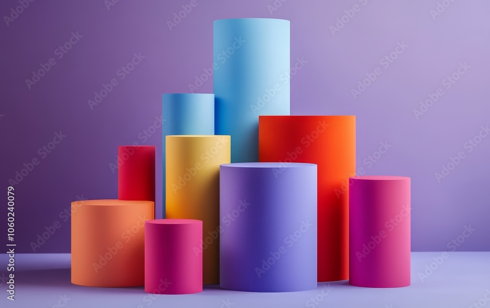 A vibrant arrangement of cylindrical shapes in various colors against a purple background. A vibrant arrangement of cylindrical shapes in various colors against a purple background.