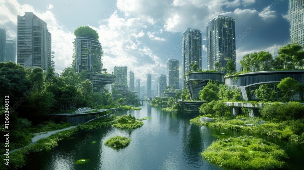 Obraz premium A futuristic cityscape with eco-friendly high-rise buildings covered in greenery, surrounding a calm river, representing sustainable urban planning and nature integration. 
