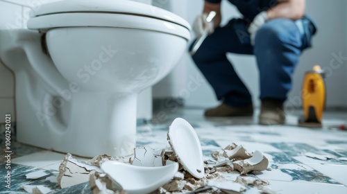 Broken sanitary ware being repaired by professional plumber
