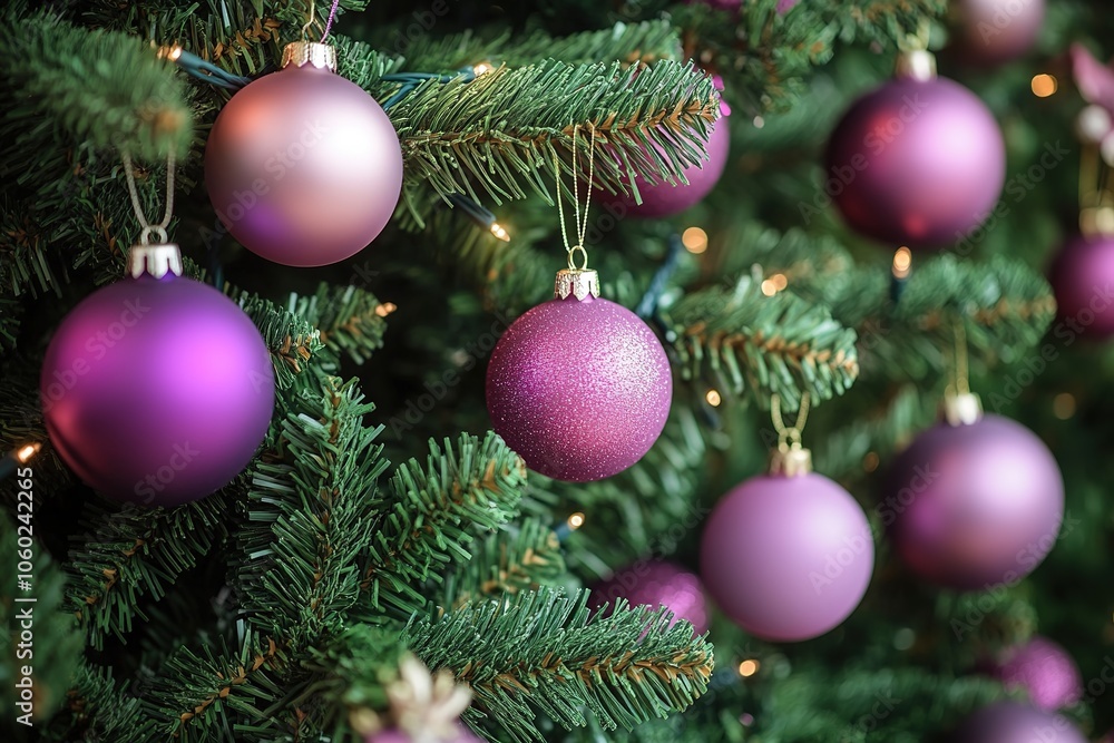 Purple Christmas balls on green pine branches Purple Christmas balls on green pine branches