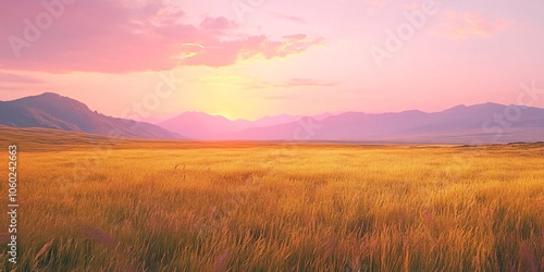 Majestic Mountain Range at Sunset with Golden Grass Field