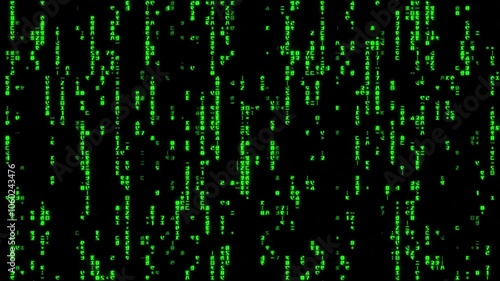 Matrix style green code falling to a high speed and filling the screen blinking. Animation digital background.