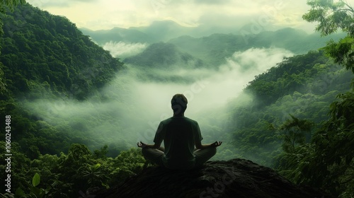 Man sits cross-legged on a mountain ledge, watching the rainforest-covered hills fade into low-hanging clouds