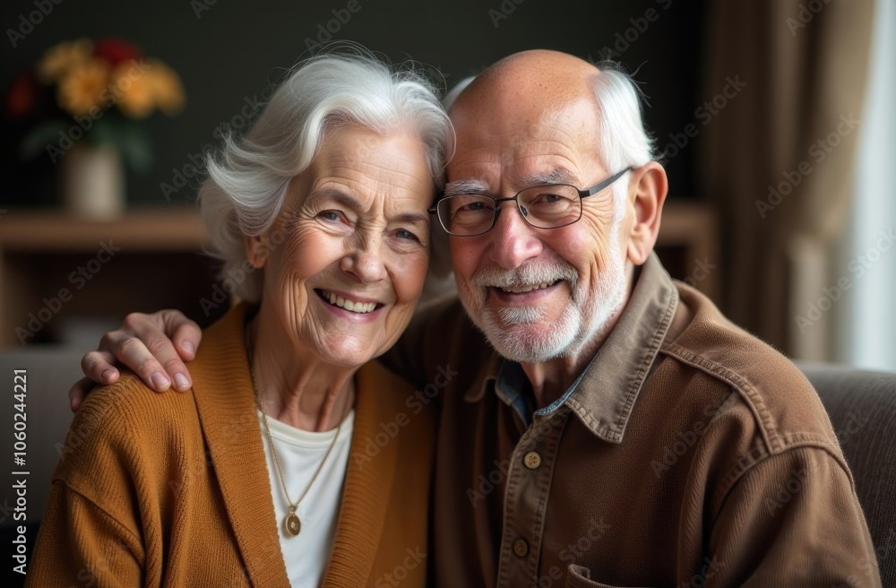 Happy elderly couple hugging and smiling in a cozy home environment on Senior Citizens Day. The concept of longevity, happy married life. Happy elderly couple hugging and smiling in a cozy home environment on Senior Citizens Day. The concept of longevity, happy married life.
