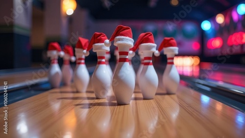 Holiday bowling with pins decorated with Santa's hat at the center of attention. A sports concept for families and teams during the vacations photo