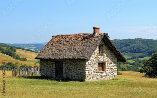 A quaint stone cottage with a thatched roof set in a serene landscape of rolling hills. photo