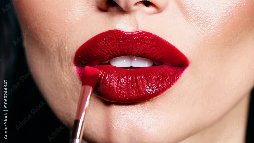 Gentle zoom on a model's lips with bold red lipstick, under studio lighting. Gentle zoom on a model's lips with bold red lipstick, under studio lighting.