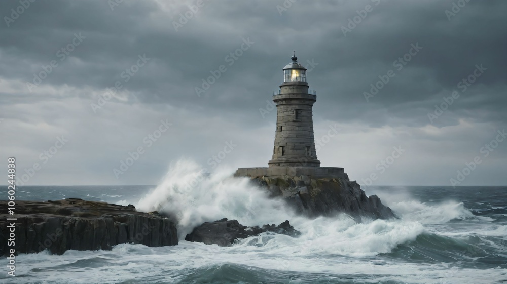 Old stone lighthouse surrounded by crashing waves Old stone lighthouse surrounded by crashing waves