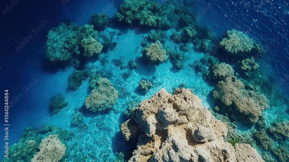 An aerial view of a rocky coastline with crystal clear turquoise water. An aerial view of a rocky coastline with crystal clear turquoise water.