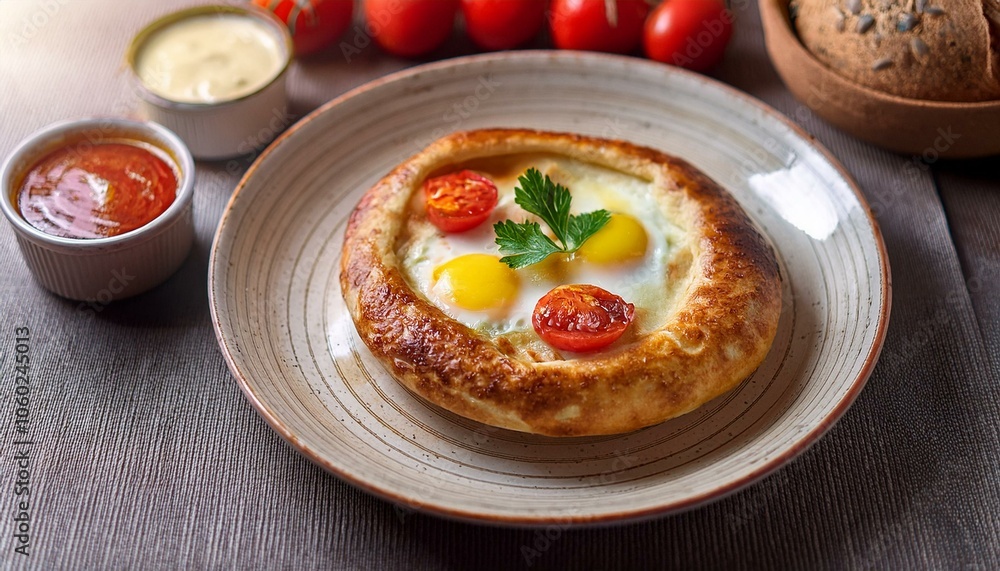 Jachnun is a Yemeni breakfast dish made by baking dough in the oven for a long time. It is served with chopped tomatoes, boiled eggs and spicy sauce. Jachnun is a Yemeni breakfast dish made by baking dough in the oven for a long time. It is served with chopped tomatoes, boiled eggs and spicy sauce.