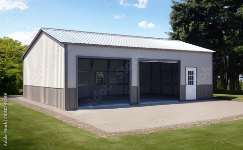 3d illustration of metal building storage with natural background.