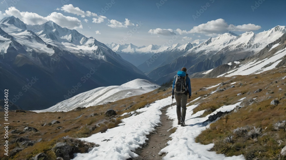 Fototapeta premium Hiker on a trail with a panoramic view of snow capped mountains