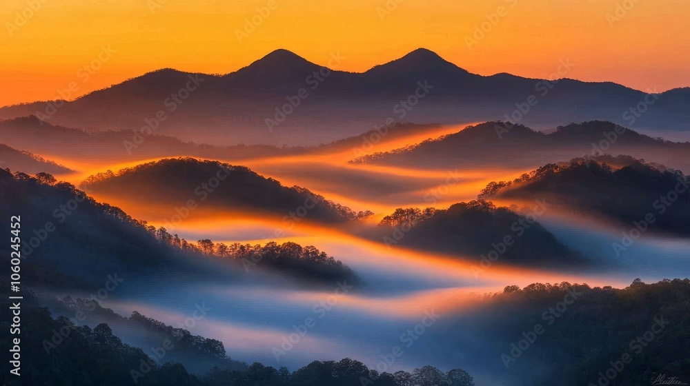 A serene landscape at sunrise with misty valleys and distant mountains. A serene landscape at sunrise with misty valleys and distant mountains.