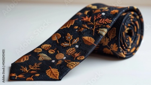 Autumn leaf patterned necktie with an intricate ornate textile design that exudes sophistication and elegance  This classic accessory is perfect for men s formal wear business attire photo