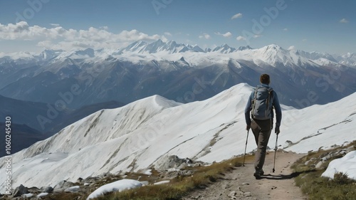 Hiker on a trail with a panoramic view of snow capped mountains