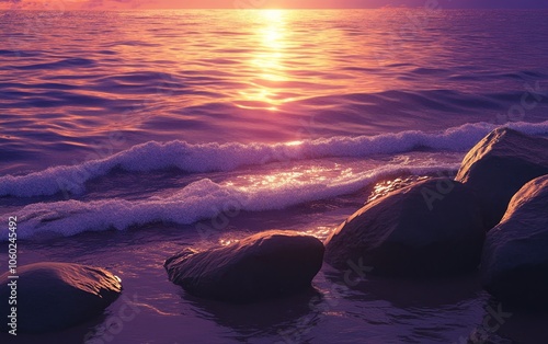 A serene sunset over a calm sea, with gentle waves lapping against dark rocks on the shore.