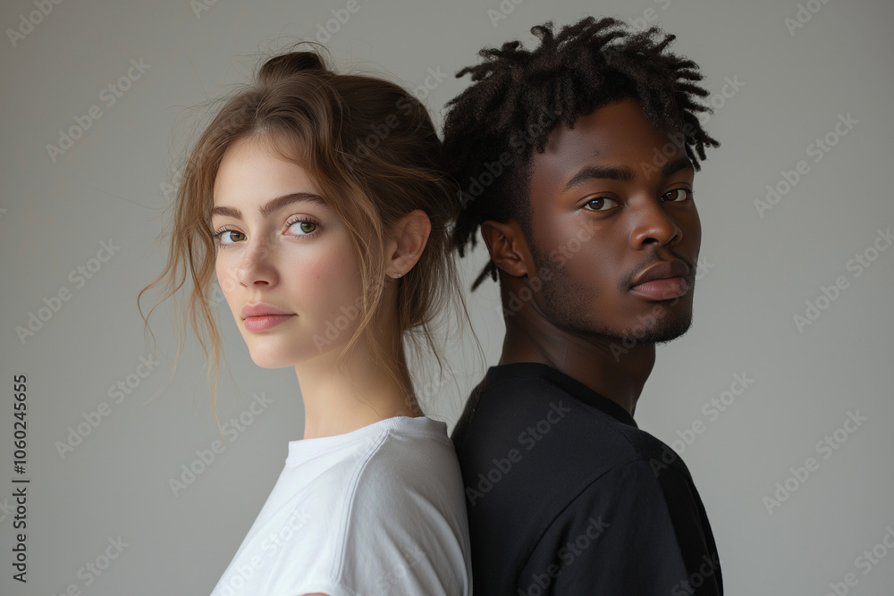 Portrait of a white woman and a black man standing back-to-back, looking away from the camera, against a neutral background. The woman is wearing a white t-shirt, and the man is we Portrait of a white woman and a black man standing back-to-back, looking away from the camera, against a neutral background. The woman is wearing a white t-shirt, and the man is we