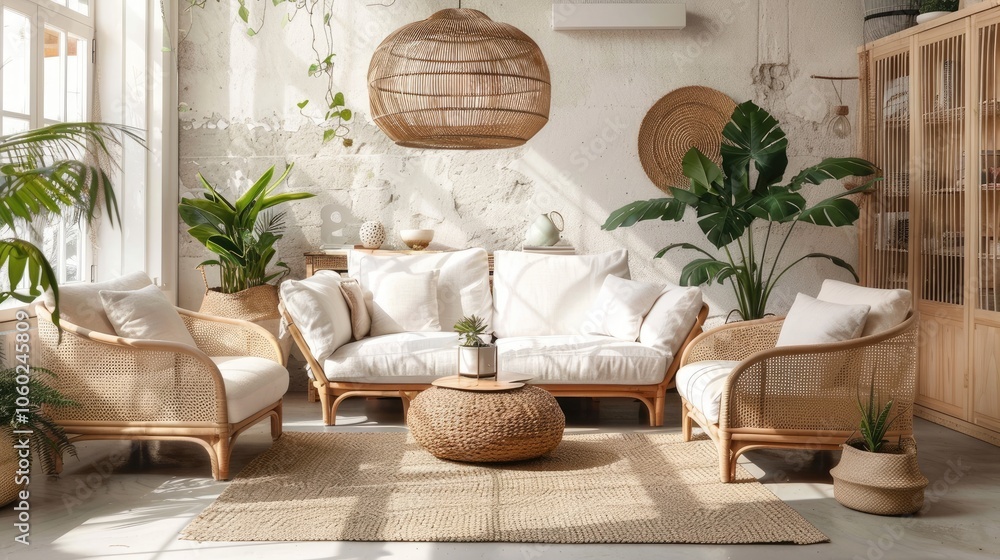 Stylish living room decor with a modern twist including rattan furniture, plants, decorations, and personal items. Stylish living room decor with a modern twist including rattan furniture, plants, decorations, and personal items.