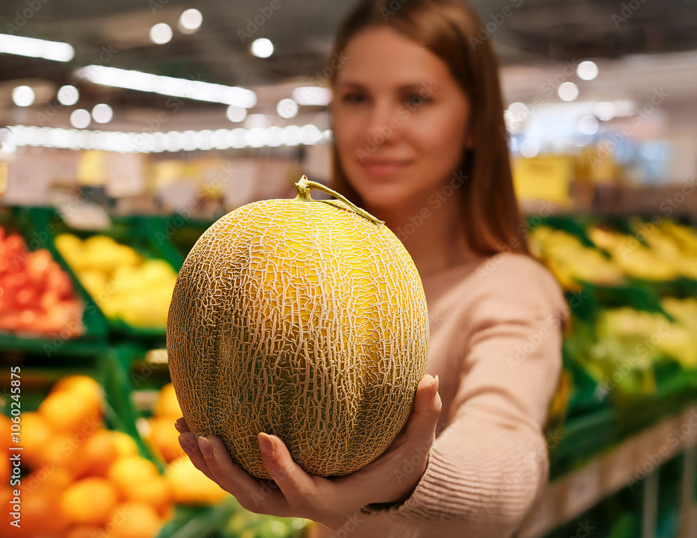 Frau hält eine Melone im Supermarkt in der Hand