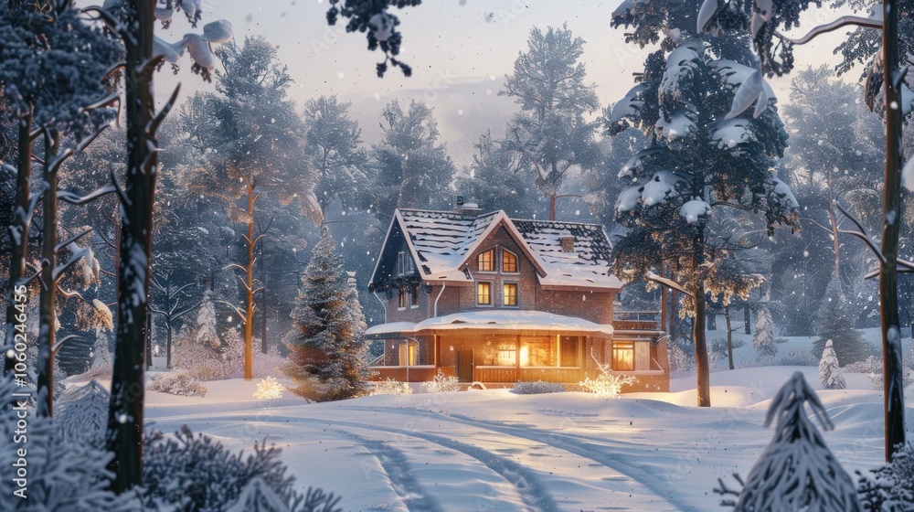 Naklejka premium Snowy Winter Cabin in Forest