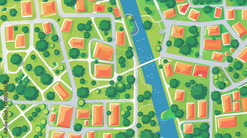 Aerial view of a vibrant neighborhood with winding streets, green parks, and houses near a calm river in daytime
