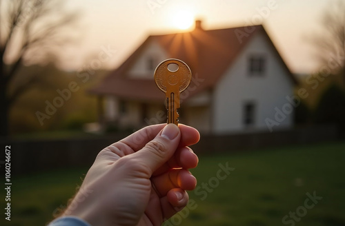 Hand holding a bunch of house keys on a bright sunny day house background