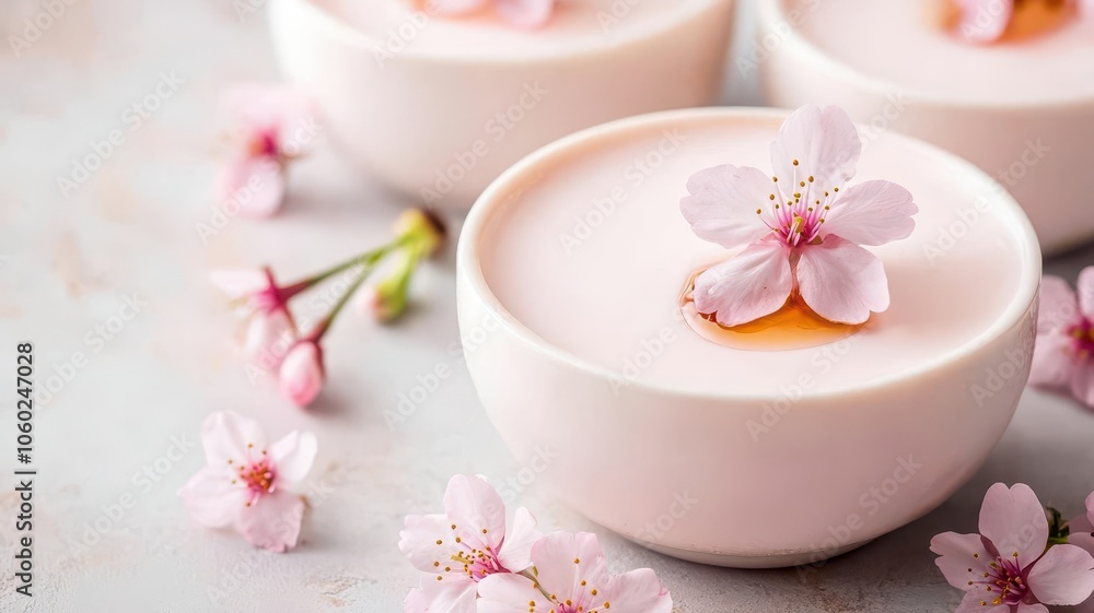 Creamy sakura panna cotta with cherry blossom syrup drizzled on top, modern dessert presentation Creamy sakura panna cotta with cherry blossom syrup drizzled on top, modern dessert presentation