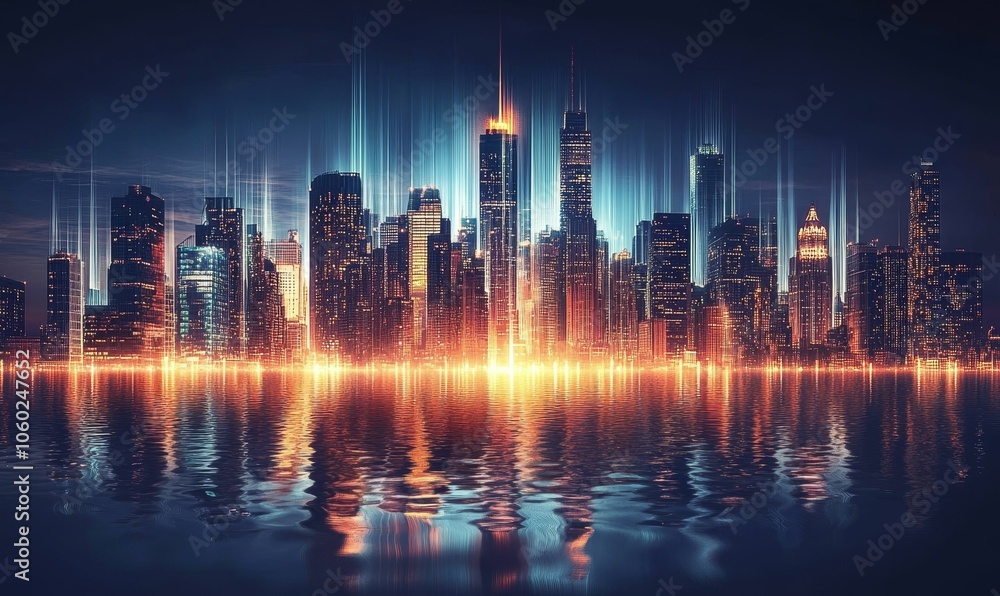 Fototapeta premium Cityscape reflected in rippling water.