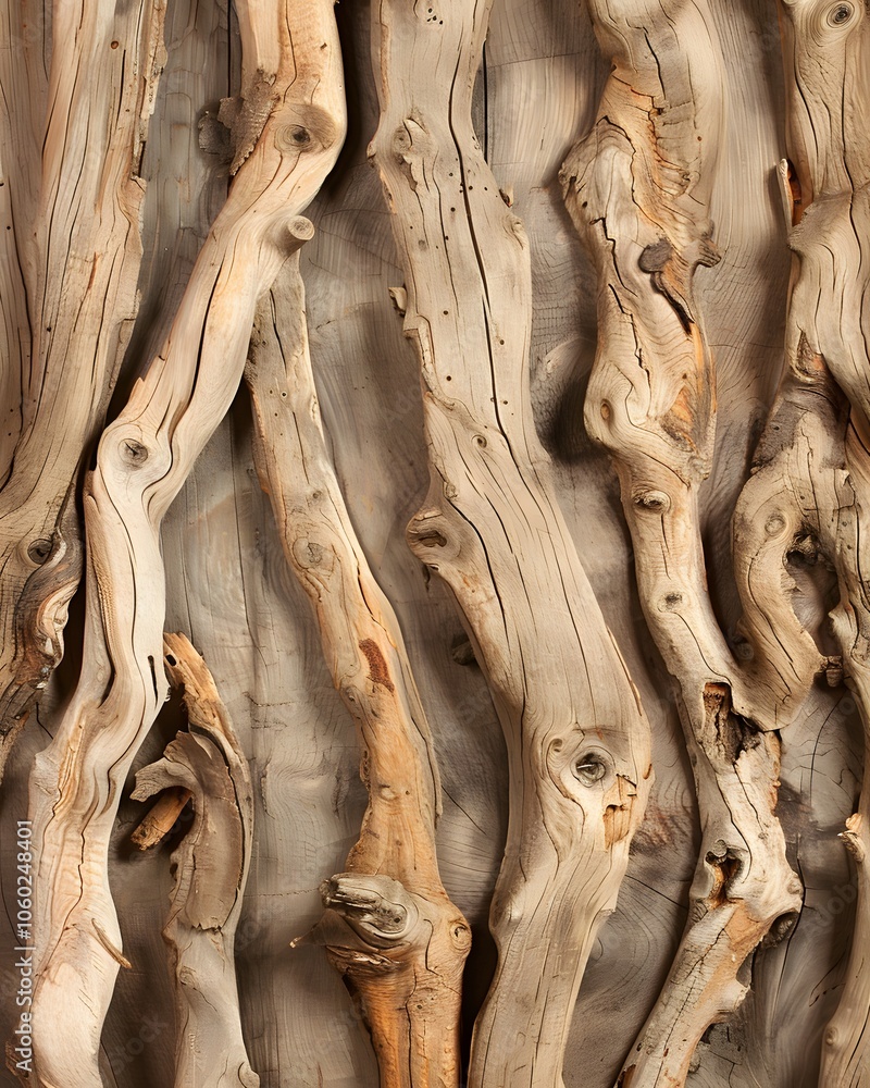 A textured arrangement of driftwood pieces against a neutral background. A textured arrangement of driftwood pieces against a neutral background.