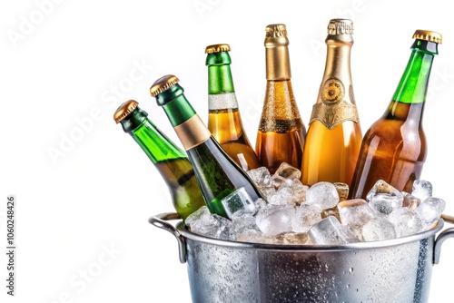 Champagne and beer bottle in ice bucket isolated on white background silhouette