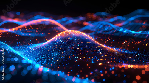 Abstract glowing dots forming a wave on a dark background, representing digital technology