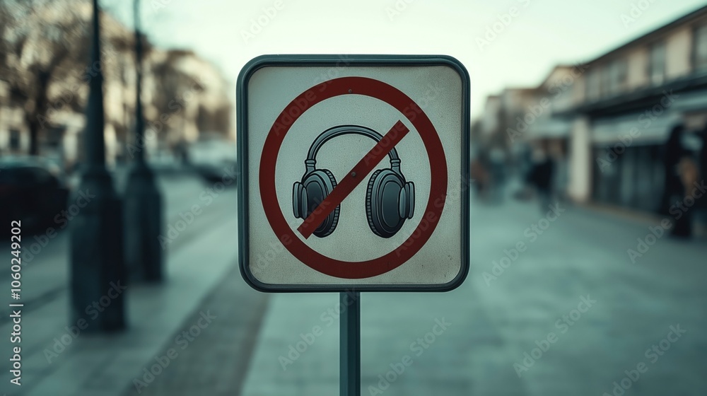 Sign prohibiting the use of headphones in a public urban street setting with blurred background of buildings and pedestrians. Sign prohibiting the use of headphones in a public urban street setting with blurred background of buildings and pedestrians.