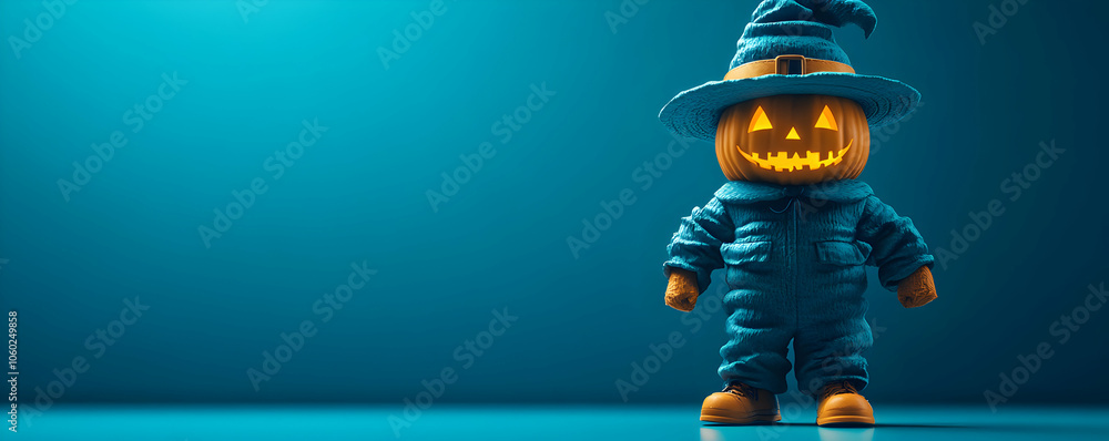 Fototapeta premium 3D Rendered Illustration of a Pumpkin Wearing a Blue Jumpsuit and Hat on a Teal Background