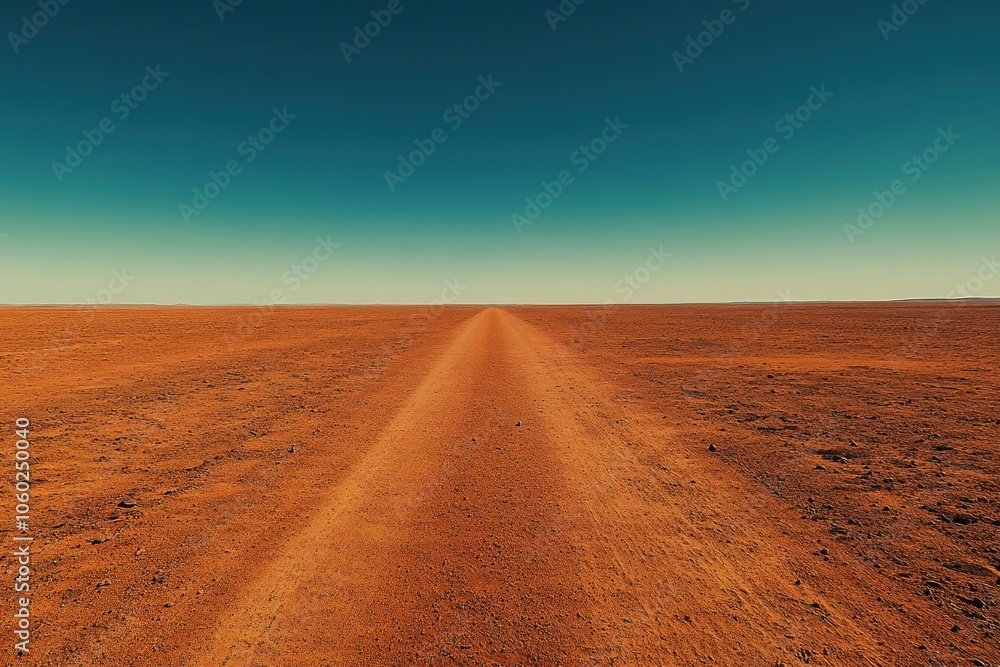 Naklejka premium Arid Desert Landscape with a Long Straight Road Leading to the Horizon, Isolated and Remote, Solitary Scene