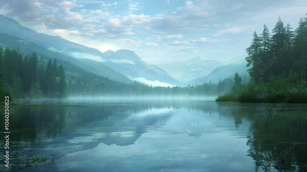 Serenity on a misty morning lake. Serenity on a misty morning lake.