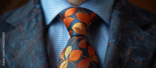 Close up of a businessman s tie featuring a vibrant abstract geometric pattern in shades of orange and blue  The well tailored suit and tie ensemble convey a sense of professionalism style photo