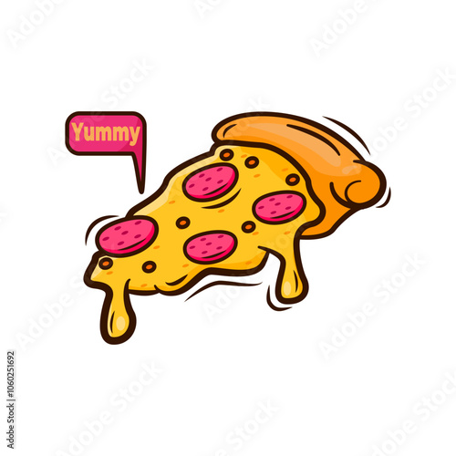 Cartoon cheesy pepperoni pizza slice. Yummy food