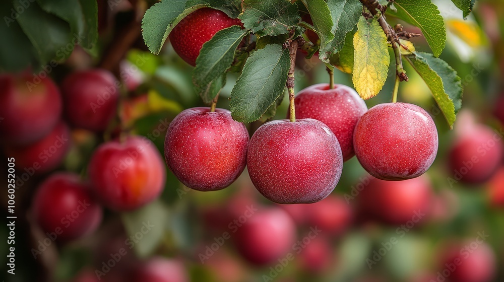 Obraz premium Ripe Red Plums on Branch with Green Leaves