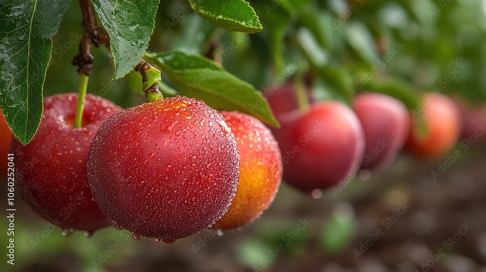 Obraz premium Ripe Red Plums Hanging on Branch with Water Drops